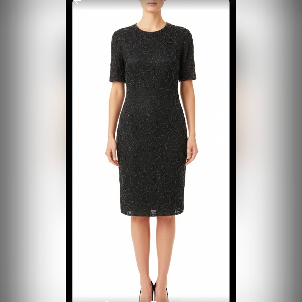 Vintage Jewel Queen 100% Pure Silk Beaded Dress Black Hand Embroidered SZ 8